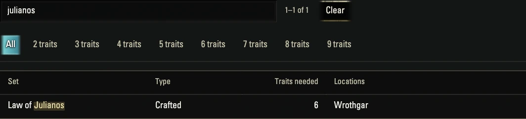 Crafting sets filtered to Law of Julianos, with its traits needed and crafting locations