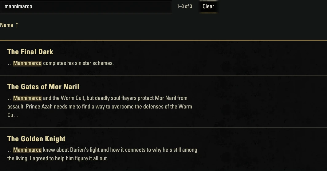 Quest Finder results for Mannimarco, matched in the quests' journal text