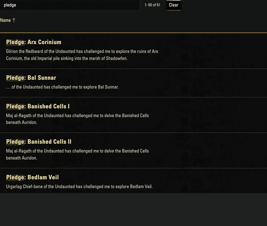 Quest Finder results for Pledge, matched in the quest names