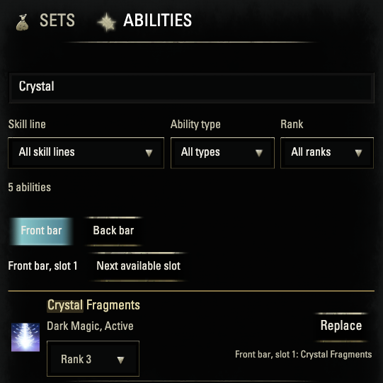 Crystal Fragments rank3 selected in its grouped row, ready to replace the front-bar variant